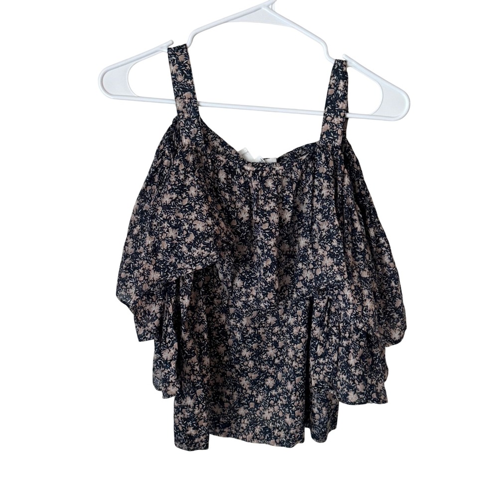 Robert Rodriguez Floral Cold Shoulder Ruffle Sleeve Cotton Blouse Navy Tan 4